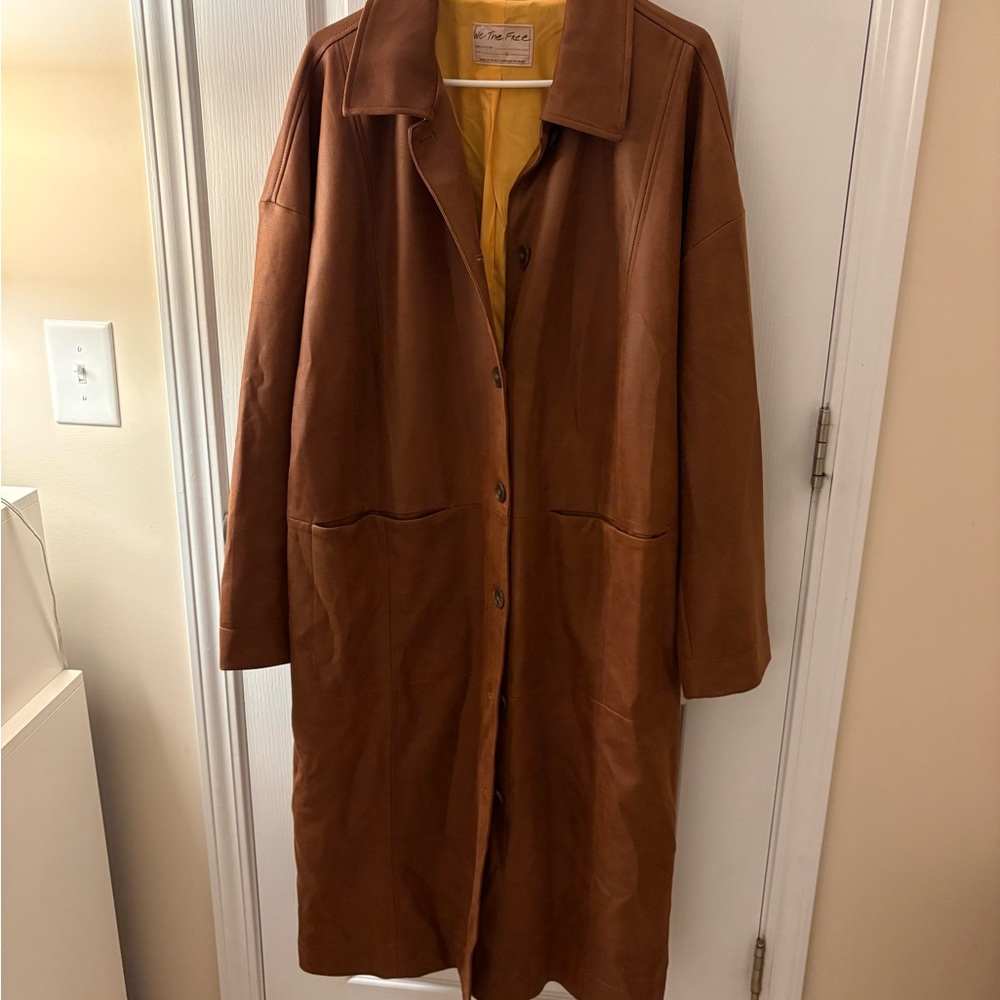 Free People Brown Faux Leather/Suede Trench Coat